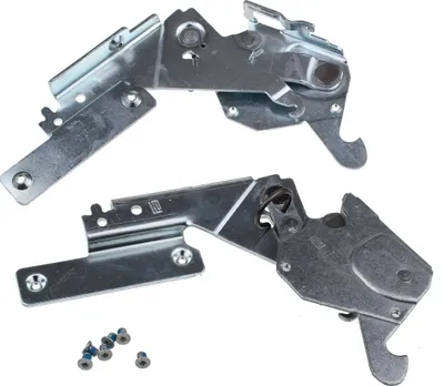 Two metal hinges and a small pile of screws are shown against a white background.