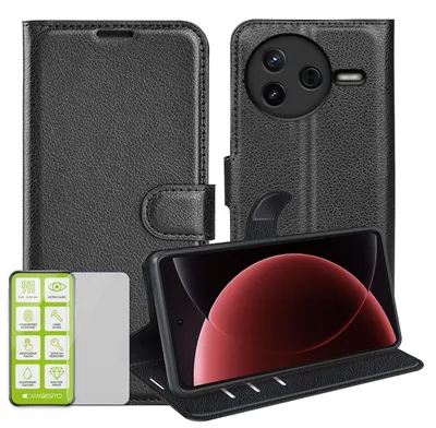 Obrázok produktu pre Puzdro na mobilný telefón Xiaomi Poco F7 Ultra z umelej kože typu „book wallet“ – čierne + tvrdené sklo 9H