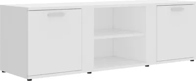 A white TV stand with two cabinets and two open shelves in the middle.