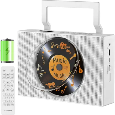 Produktbild von Tragbarer Bluetooth-CD-Player, Tragegriff, Lautsprecher, Bildschirm, Fernbedienung, Loop-Funktion, AUX-Anschluss, Kopfhöreranschluss, FM-Radio, USB-Anschluss.