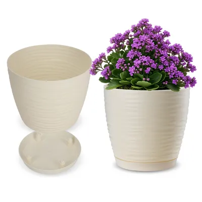 Produktbild von KADAX Blumentopf mit Untersetzer, Blumenkübel, Pflanzkübel für Innen, Leichter Pflanztopf aus Kunststoff, Übertopf für Blumen, Pflanzen, Haus, Zimmer, Pflanzgefäß (17cm, Creme)