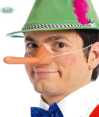 A man wearing a green hat and a Pinocchio nose.