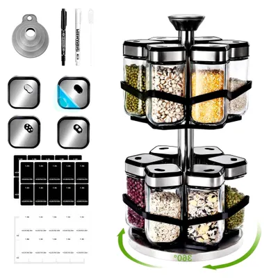 Produktbild von Drehbares Gewürzregal mit 2 Etagen und 12 x 120ml Gewürzgläsern, 360°-Uhr Lochgröße wählbar, Gewürzkarussell aus Edelstahl, Gewürze Organizer für einfachen Zugriff