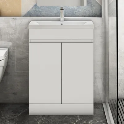 Produktbild von Badmöbel set 50cm Weiß Matt Badezimmermöbel Unterschrank mit Keramik Waschtisch,Badschrank mit 2 Türen,Selbstmontierter Unterschrank,Standschrank