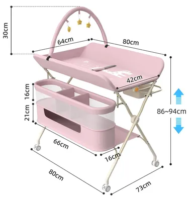 Image de Table à langer - Table à langer mobile - Structure métallique - Réglable en hauteur sur 5 niveaux - Avec roulettes et jouets suspendus - Rose
