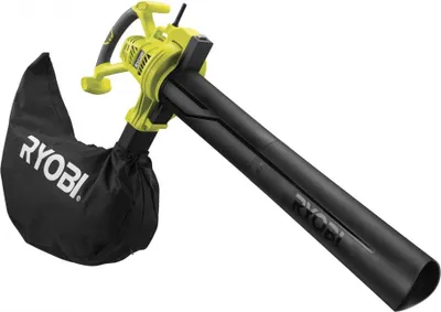 A Ryobi leaf blower with a collection bag attached, shown against a white background.
