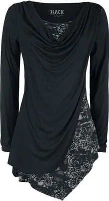 A black long-sleeved shirt with a cowl neck and a floral print overlay.