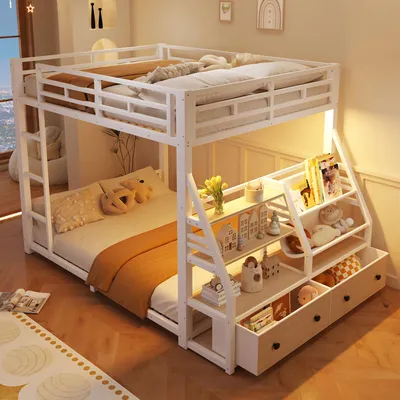 Produktbild von Metall Etagenbett 140x200 cm Doppelstockbett mit LED-Beleuchtung & 2 Schubladen, stabiles Metallbett mit Stauraum & Absturzsicherung, Weiß, Inkl. Lattenrost, Ohne Matratze