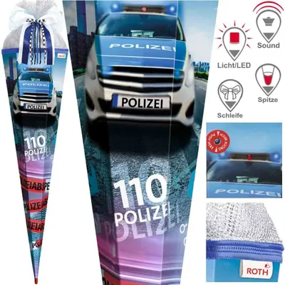 Produktbild von Roth Schultüte 85 cm Jungen Exklusiv Set, Motiv / Ausführung:Polizei Schleife LED Sound Spitze