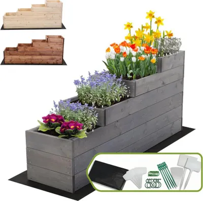 Produktbild von MODO24 Hochbeet Holz, Pflanzkasten, Massivholz, Kiefer, Kräuterbeet, Blumenkasten, Garten, Terrasse, 54x30x120 cm, Grau, ZP07