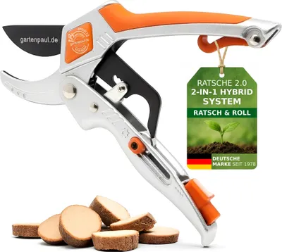Produktbild von Gartenschere Ratsche 2.0, Profi Ratschengartenschere, Hybridschere 2 in 1 Ratsch and Roll, Amboss Gartenschere inkl. Schärfer aus Hartmetall im Griffstück