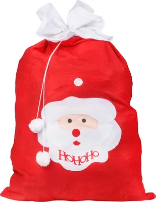 A red Santa sack with a depiction of Santa Claus's face and the text 'Ho Ho Ho' on it.