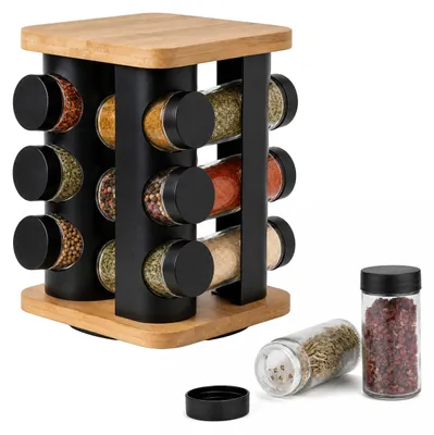 Produktbild von Relaxdays Gewürzkarussell, 12 Gläser, 360° drehbarer Gewürzständer, HBT 21x18,5x18,5cm, Bambus, Edelstahl, natur/schwarz