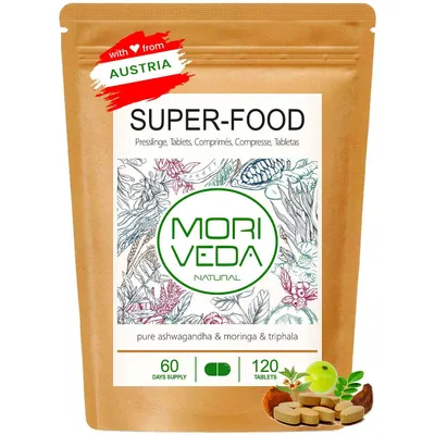 Produktbild von Superfood Tabletten 1000mg | Moringa+Ashwagandha+Triphala Mischung I Nährstoff-Lieferant I Vegan I für bis zu 2 Monate | 120 Stk. von Moriveda