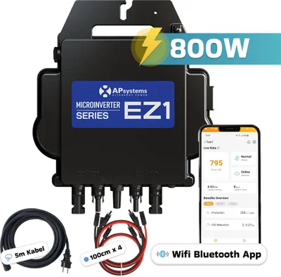 Produktbild von AP Systems Mikro-Wechselrichter 800 W EZ1-M-EU für Balkonkraftwerk, 2 MPPT, Bluetooth & WIFI, inkl. 5m KAbel und 4x1m Verlängerungen, Micro Inverter