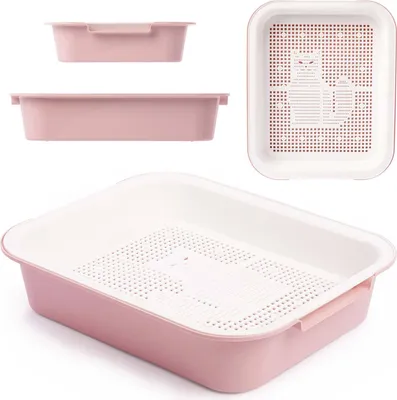 A pink cat litter tray with a white perforated insert, shown from multiple angles.