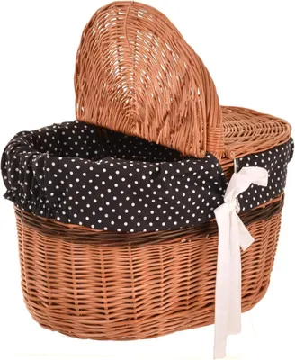 Produktbild von Picknickkorb mit Deckel 40 cm Einkaufskorb Weide mit Henkel & Stoffeinlage Natur Schwarz