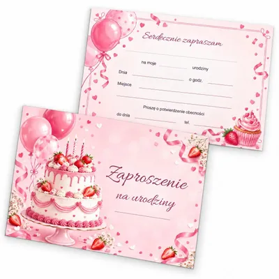 Zdjęcie produktu dla ZAPROSZENIA URODZINOWE Różowy Tort Balony NA PRZYJĘCIE