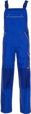 A pair of blue overalls is shown against a white background.