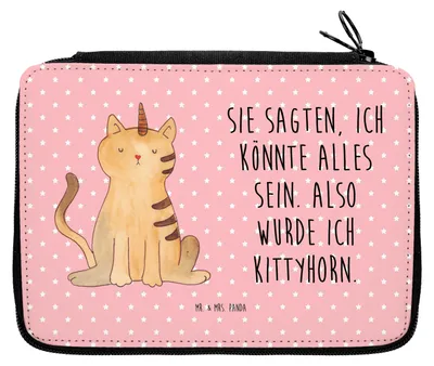 Produktbild von Mr. & Mrs. Panda Mäppchen Einhorn Katze - Rot Pastell - Geschenk, Unicorn, Bleistiftetui, Regenbogen, Federmäppchen, Glitzer, Federmappe, Schulmäppchen, Einhornkatze