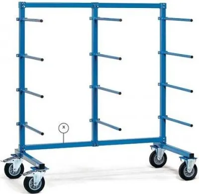 A blue metal rack with horizontal arms on wheels, designed for storing long items.