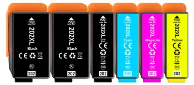 A set of six printer ink cartridges, with two black, one cyan, one magenta, and one yellow cartridge visible.