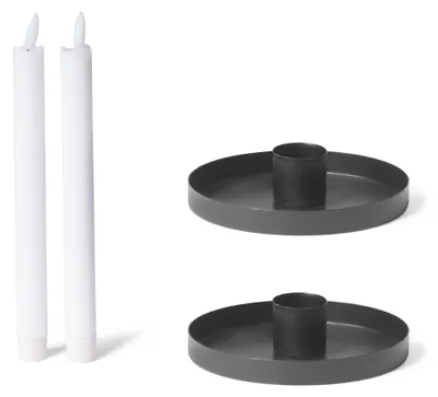 Produktbild von Novaliv 2er-Set Stabkerzenhalter rund Metall Durchmesser 6cm SCHWARZ mit LED Stabkerze Premium Echtwachs batteriebetrieben Kerzenhalter Adventskranz scandic chic Kerzenteller Dekoschale Tafelkerzen