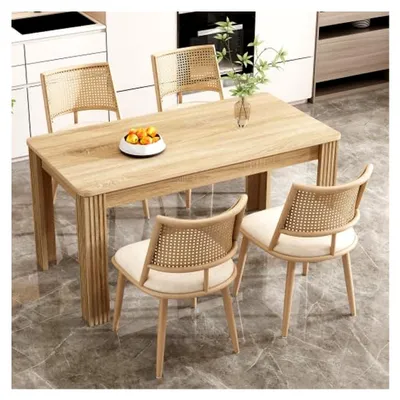 Produktbild von Esszimmerstuhl 2er Set Beige mit Rattan-Rückenlehne und PolyurethanSitzkissen, Moderner Stuhl für Esszimmer, Wohnzimmer und Schlafzimmer, Tragkraft 120kg
