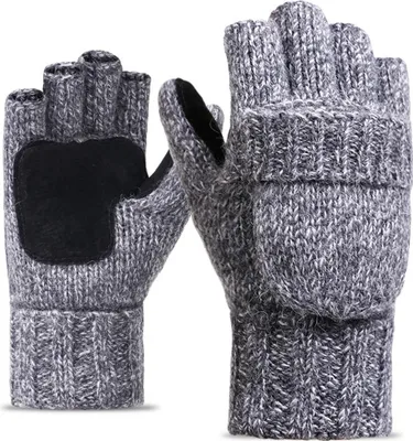 Produktbild von Winterhandschuhe, warme Wollhandschuhe mit Fäustlingsbezug, Wollstrickhandschuhe, halbe Fingerklappe