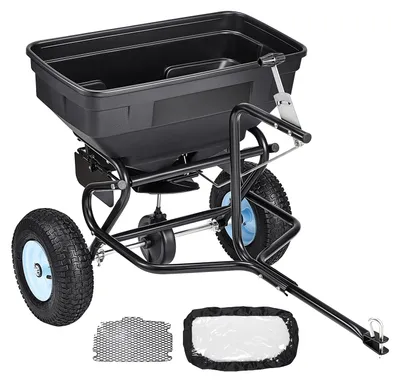 Zdjęcie produktu dla Rozsiewacz zawieszany VEVOR, pojemność 59 kg, rozsiewacz ogrodowy do montażu lub ciągnięcia, z oponami o średnicy 33 cm, 30 regulowanymi ustawieniami i szerokością rozsiewu 3 metry, idealny do rozsiewania nasion, nawozów i soli