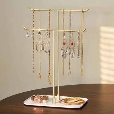 Produktbild von Schmuckständer, Schmuckhalter, Schmucktablett, Schmuckaufbewahrung für Halsketten Armbänder Ohrringe Ohrstecker Ringe, Geschenkidee, gold
