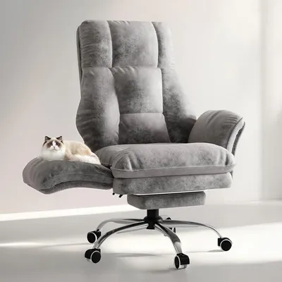 Imagen del producto de Silla de oficina con reposapiés, inclinación de 135°, ideal para trabajar desde casa, tapizada en tela gris