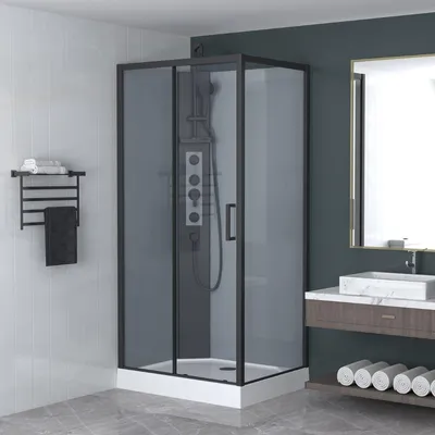 Produktbild von SAT Duschbox Komplettdusche Sicherheitsglas mit Schiebetür 80x120cm Inkl. Duschwanne und Duschsystem, Schwarz matt