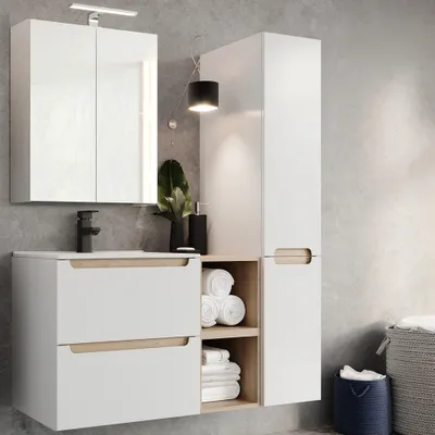 Produktbild von Badmöbel Waschplatz Set Hochglanz weiß mit Trüffel-Buche SOFIA-107  B/H/T ca. 120/200/46 cm