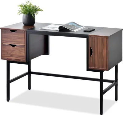 A modern desk with a walnut and black finish, featuring drawers on one side and a cabinet on the other, set against a white background.
