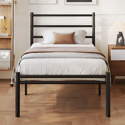 Image de Structure de lit simple avec tête et pied de lit, dimensions 90 x 200 cm, structure métallique robuste, idéale pour les chambres