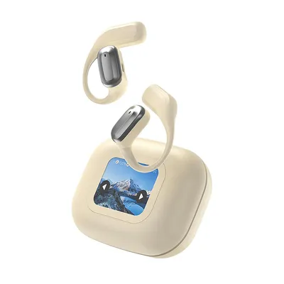 A pair of beige wireless earbuds with silver accents are shown floating above their charging case, which displays a scenic mountain image on its screen.