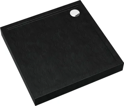 A black shower tray with a silver drain cover, shown from a high angle.