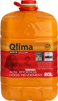 A large orange plastic container of Qlima Kocher Brennstoff Extra.
