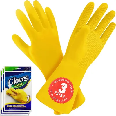 Image de Gants de nettoyage en latex naturel, taille M, lot de 3, imperméables et antidérapants, pour une utilisation en cuisine