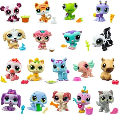A collage of various small, stylized animal toys, each with accessories.