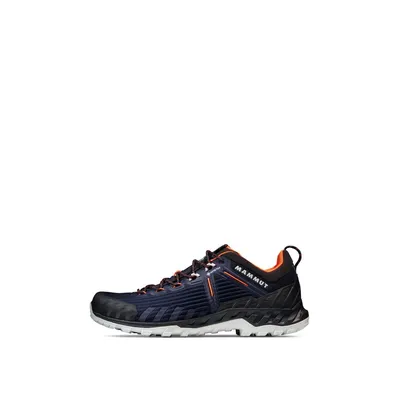 Alnasca Knit III Low GTX von Mammut; Herren-Zustiegsschuh in Schwarz mit orangefarbenen Akzenten.