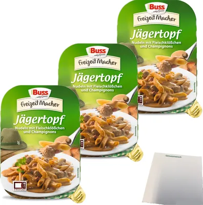 Produktbild von Buss Jägertopf Eiernudeln mit deftigen Fleischklößchen und Champignons in einer feinen Bratensauce 3er Pack (3x300g Packung) + usy Block