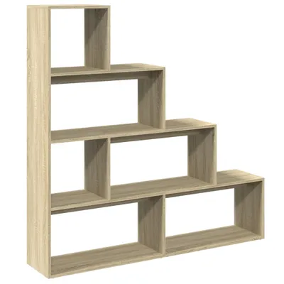 A freestanding, multi-tiered bookshelf with a stepped design.