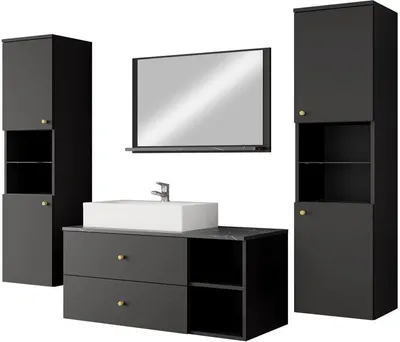 Produktbild von MIRJAN24 Badmöbel Kertos III, 5er-Set Badmöbel-Set, Spiegel, Waschbeckenschrank, Waschbecken, Aluminiumgriffe, Spihon (Farbe: Schwarz / Schwarz + Schwarzer Marmor)