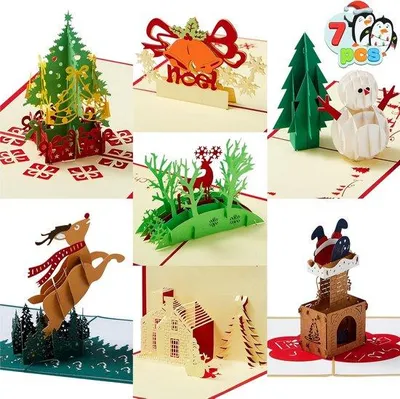 Produktbild von 3D Pop-up Weihnachtskarten Set - 7 einzigartige Designs mit Umschlägen