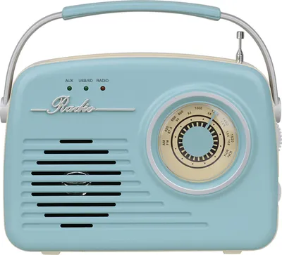 A retro-style portable radio with a blue and cream color scheme, displayed against a white background.