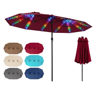 Zdjęcie produktu dla COSTWAY, podwójny parasol, 440x260 cm, parasol tarasowy z korbą, oświetlenie LED zasilane energią słoneczną, 12 trybów oświetlenia i 2 opcje ładowania, parasol ogrodowy, parasol targowy, kolor czerwony