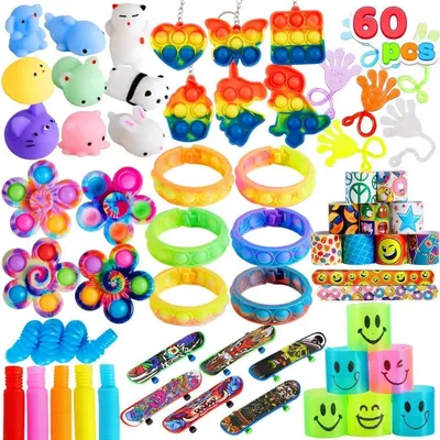 Zdjęcie produktu dla JOYIN 60-częściowy zestaw prezentów urodzinowych dla dzieci, zabawki typu fidget, torby z gadżetami i nagrody imprezowe