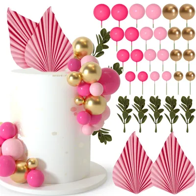 64-teiliges Torten-Dekoset mit Ballen und Blättern, Rosa/Gold